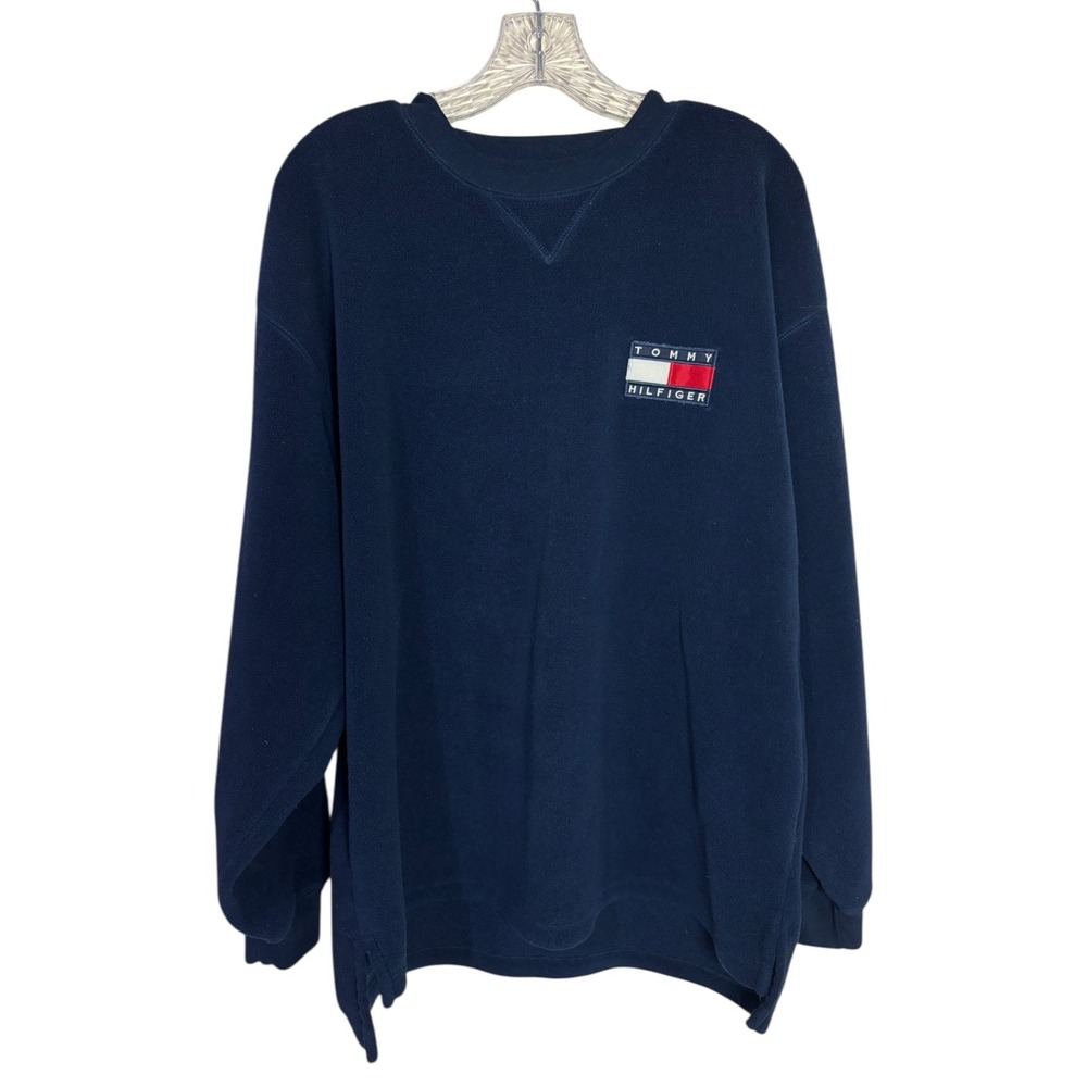 VTG Tommy Hilfiger Fleece Oversized Pullover Sweatshirt Blue Spellout sz M 90's